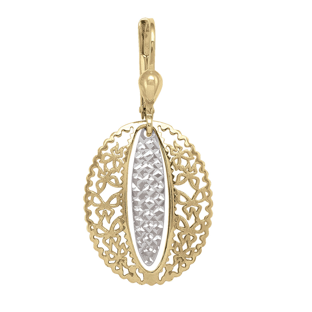Two-tone 14K gold drop earrings with an oval filigree design and a shimmering diamond-cut silver center, offering classic elegance with a modern twist.