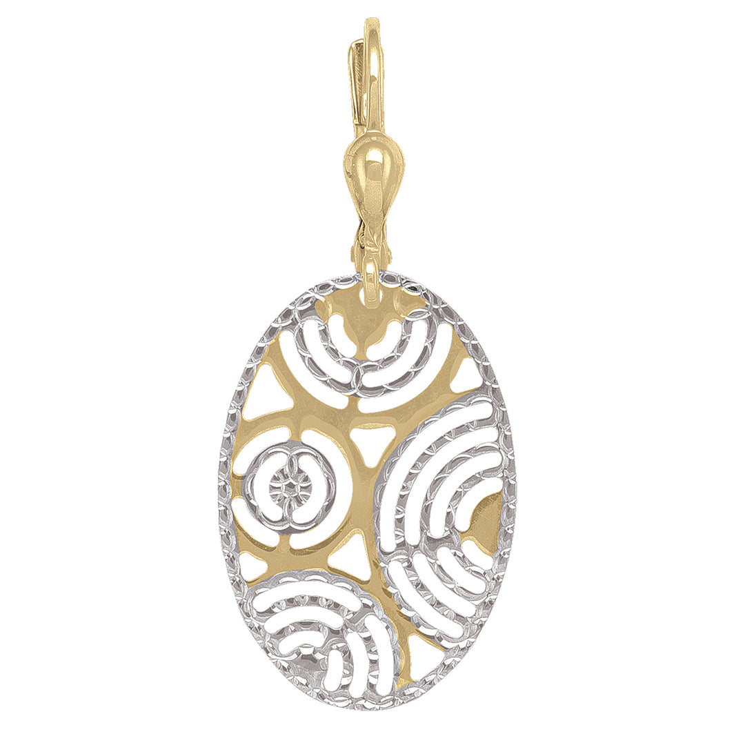 14k two-tone gold oval drop earrings with intricate filigree design on a white background.