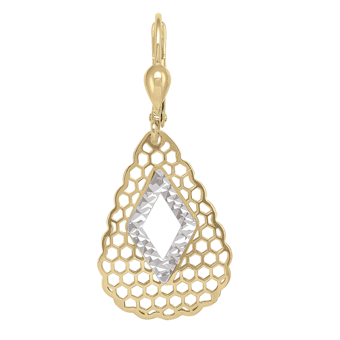 14k two-tone gold teardrop earrings with a diamond-cut filigree accent against a white backdrop.