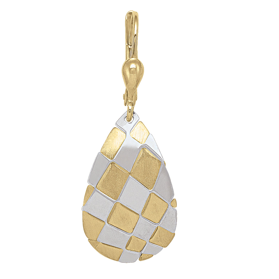 14K gold teardrop earrings with a two-tone gold and silver mosaic pattern, combining modern design with classic elegance.