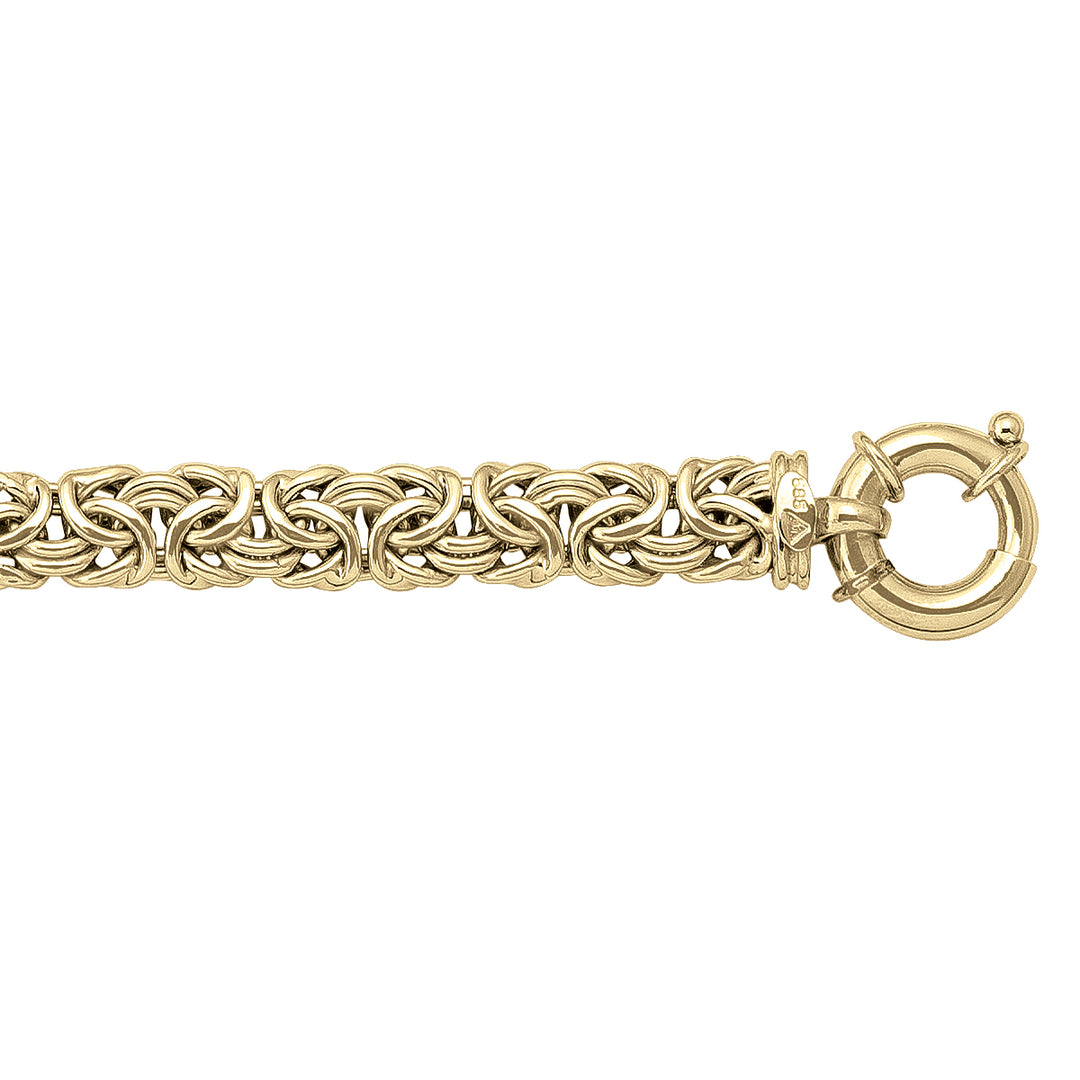Elegant 14K yellow gold Byzantine link bracelet, featuring a complex, intertwined link design that exudes luxury and sophisticated style.