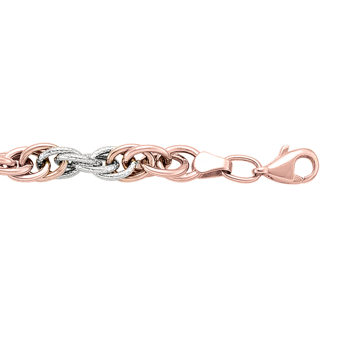 Luxurious two-tone 14K gold bracelet featuring an intricate braided link design in pink and white gold, with a secure clasp, perfect for enhancing any wardrobe.