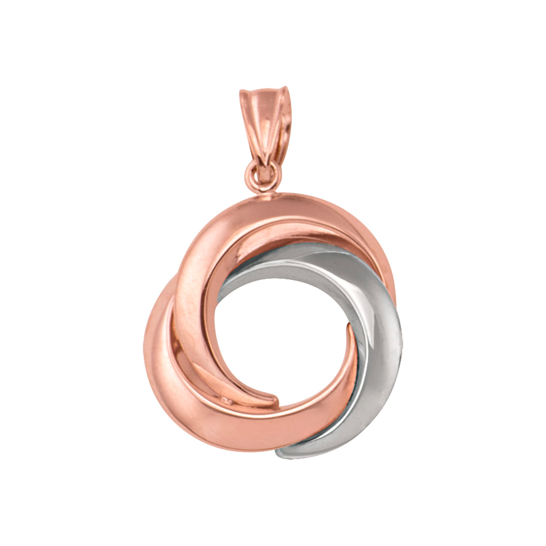 10K pink and white gold love knot pendant with interwoven design.