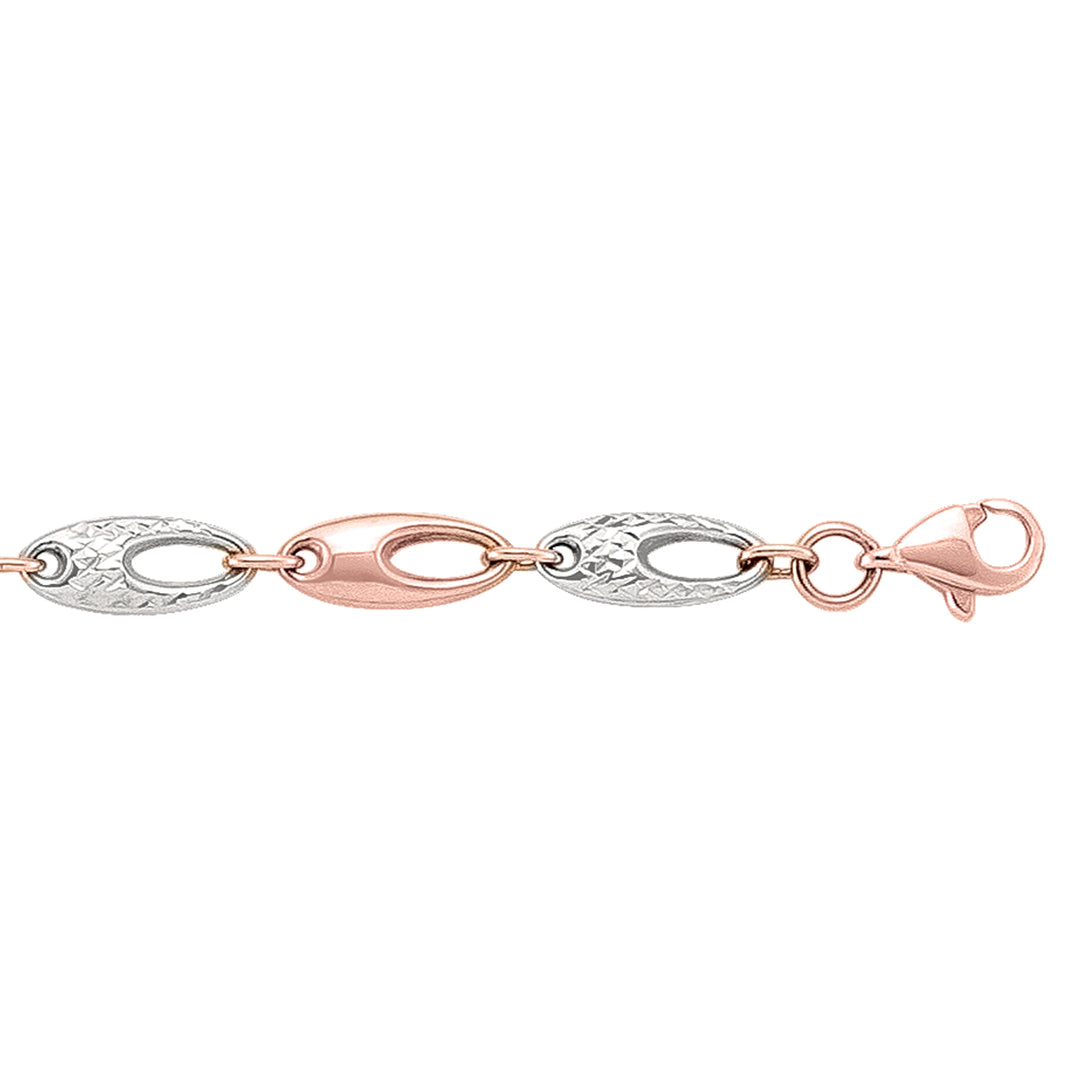 Elegant two-tone bracelet in 14K gold with alternating textured white gold and smooth pink gold links, secured with a clasp for a sophisticated look.