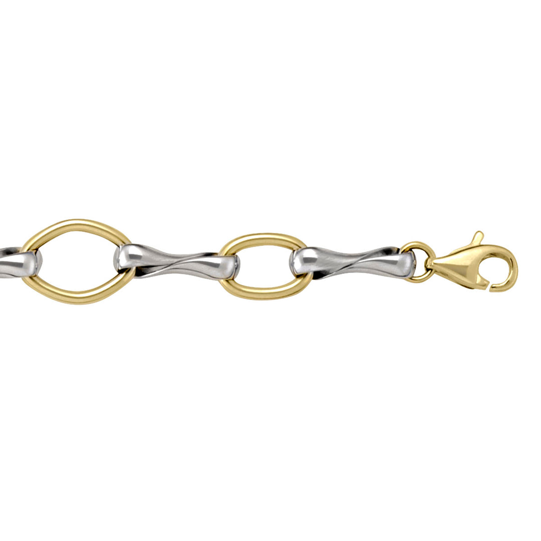 Stylish two-tone 10K gold bracelet featuring alternating yellow and white gold fancy links, designed to offer a chic and modern twist to classic gold bracelets.