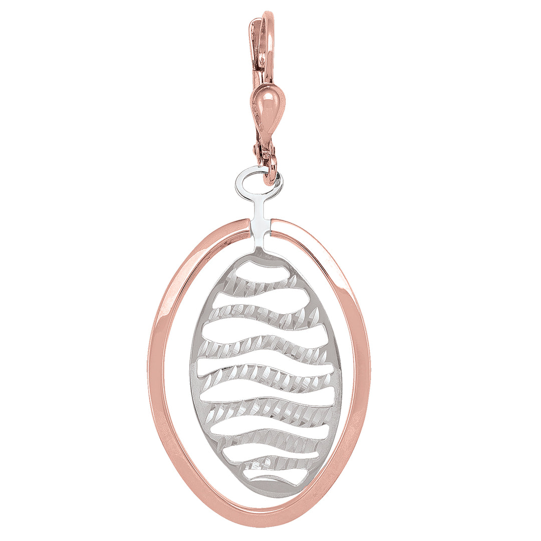 Rose and white gold 10K oval drop earrings with a ribbed texture interior, capturing elegance and contemporary design.