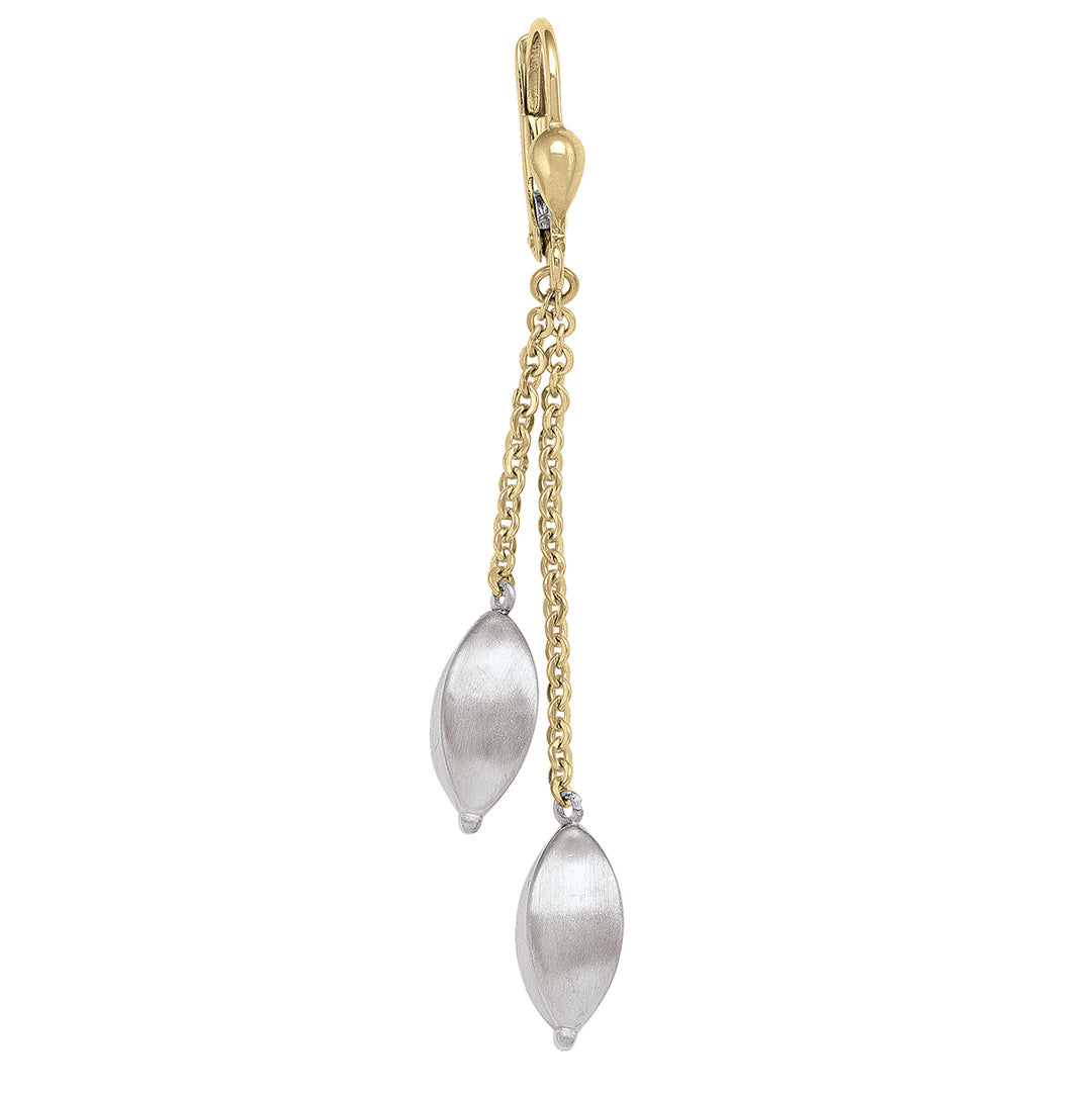 Elegant 10k two-tone gold tassel drop earrings with yellow gold chains and white gold teardrop ends, measuring 45.5mm in length.