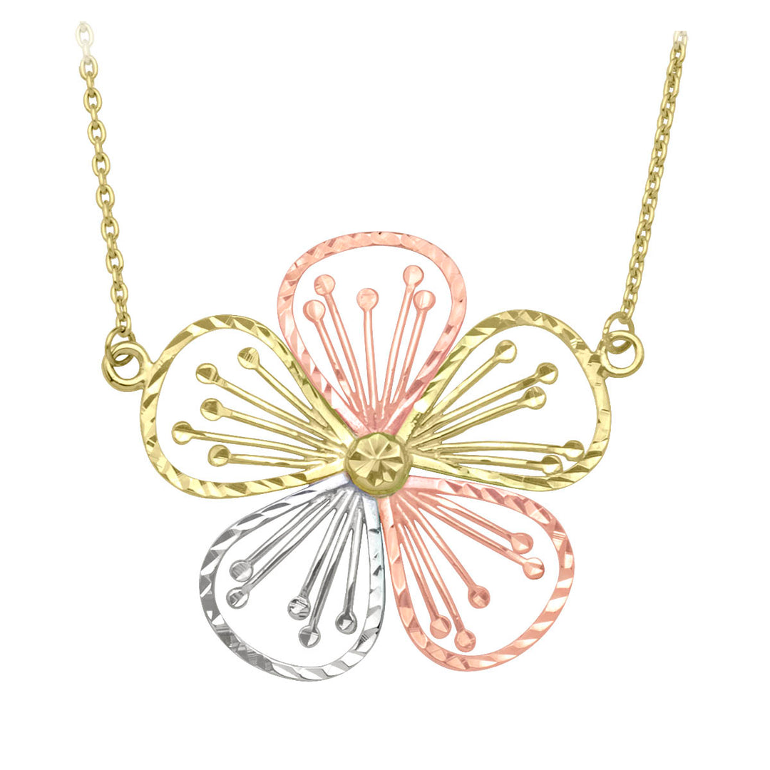 Delicate tri-color gold floral necklace with a detailed pendant showcasing yellow, white, and rose gold petals on a fine gold chain, embodying springtime elegance.