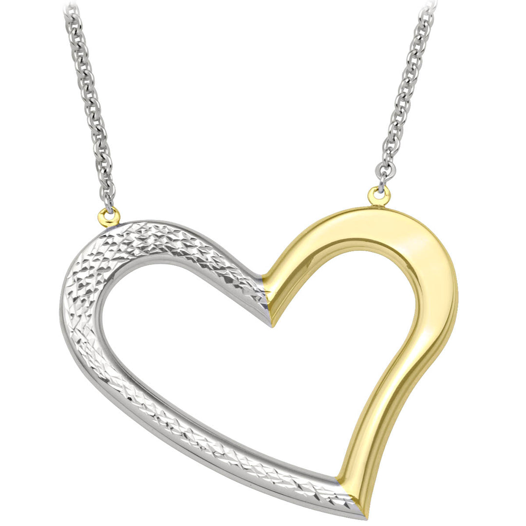 Stylish two-tone open heart necklace in 10K gold, featuring a smooth yellow gold and textured white gold design, hanging from a sturdy chain.