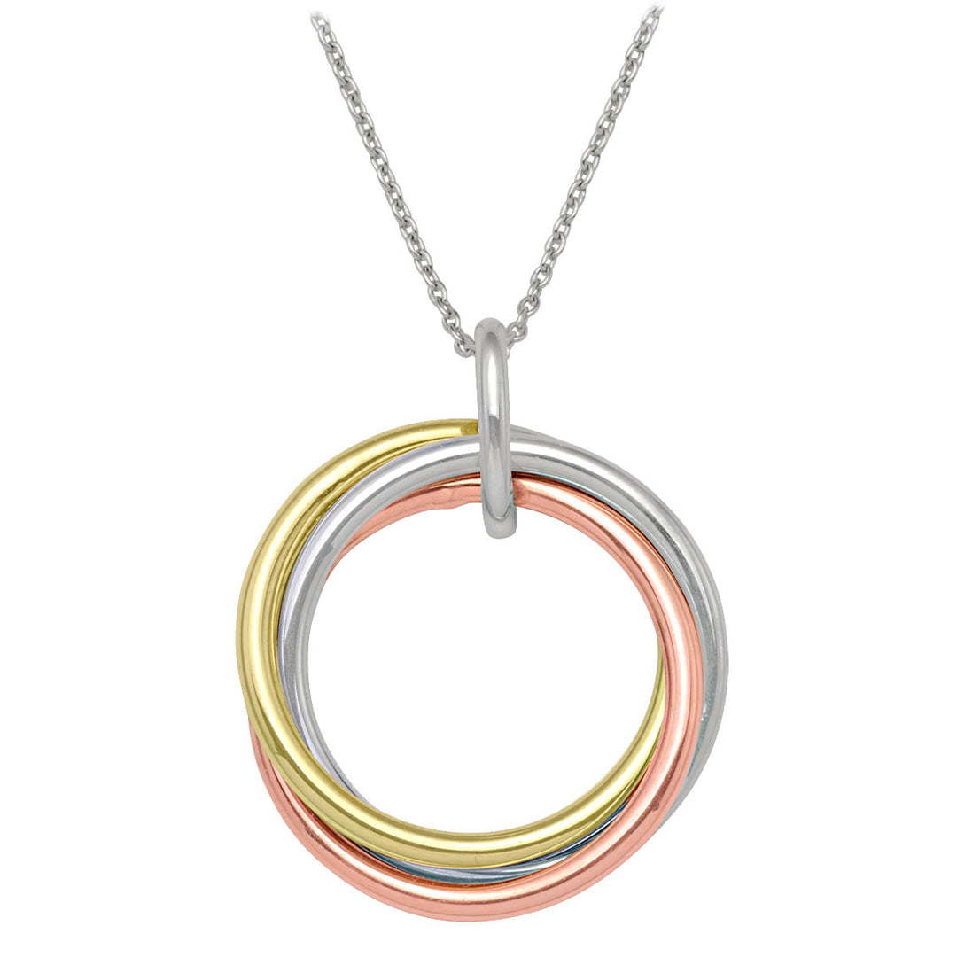 Stunning 10K tri-color gold necklace featuring a circular love knot pendant in yellow, white, and rose gold, elegantly suspended on a delicate chain.