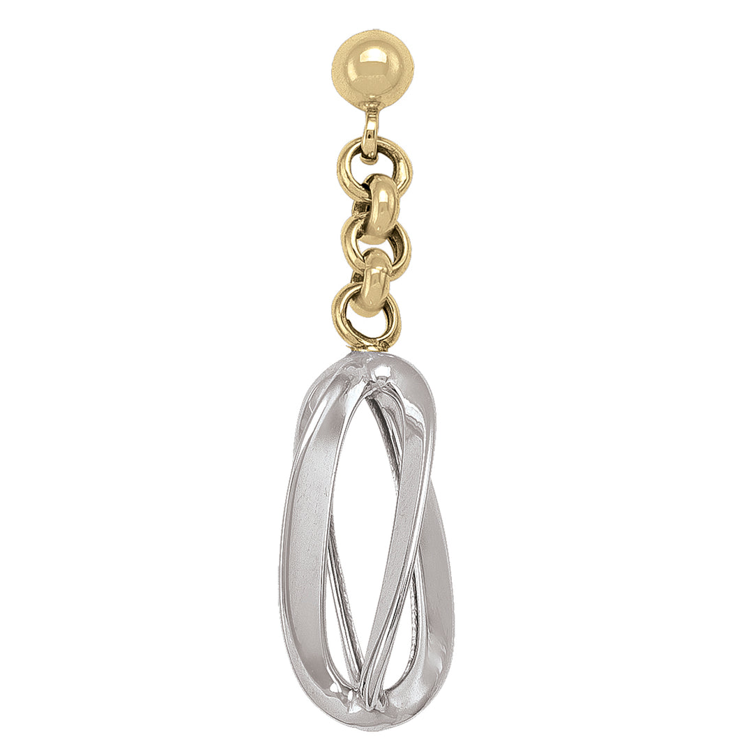 White and gold 10K infinity loop drop earrings with a gold chain link for a sophisticated two-tone effect.