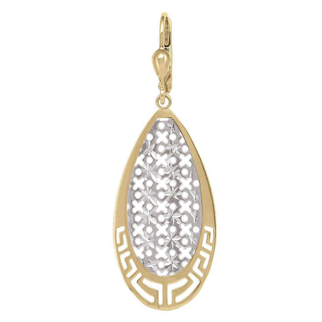 Elegant 10k two-tone gold elongated drop earrings with silver-tone lattice detailing against a white background.