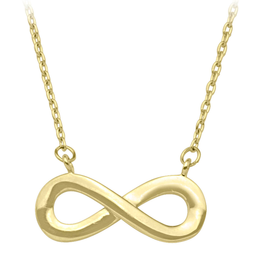 Elegant yellow gold infinity symbol necklace on a slender chain, showcasing a sleek, polished finish for a timeless and sophisticated look.