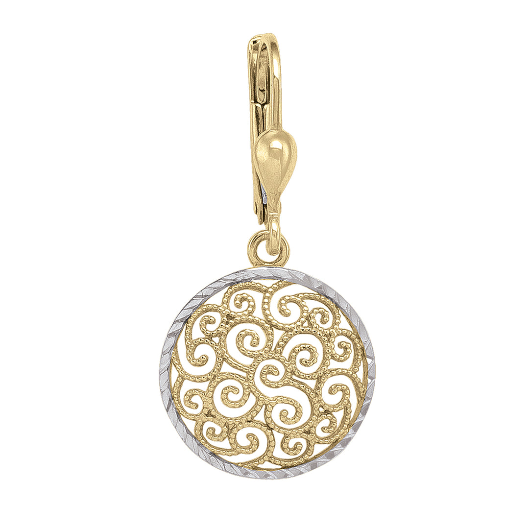 Round two-tone 10K gold earrings with an intricate swirl filigree design, combining traditional elegance with a diamond-cut finish.