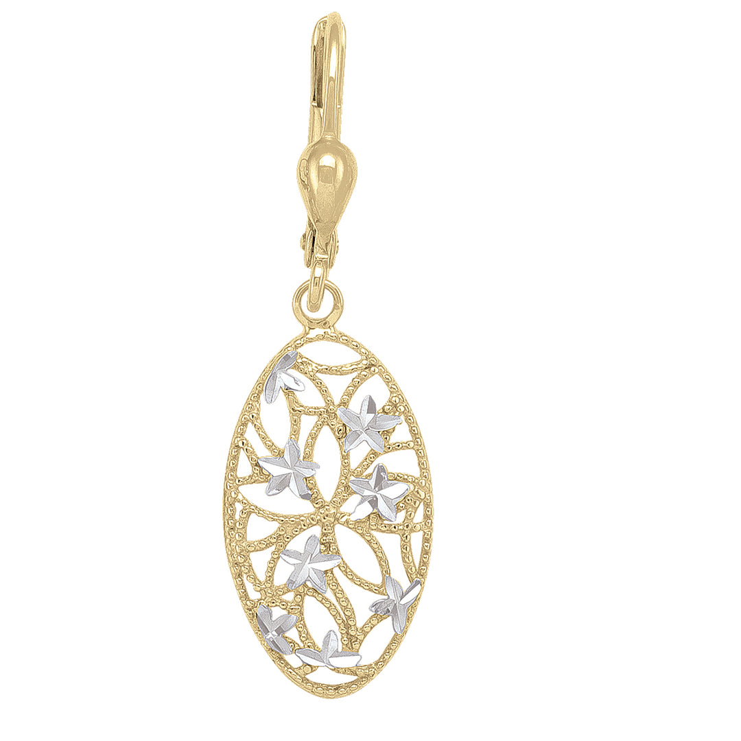 Elegant two-tone 10K gold drop earrings featuring a delicate floral filigree design with diamond-cut accents for a shimmering finish.