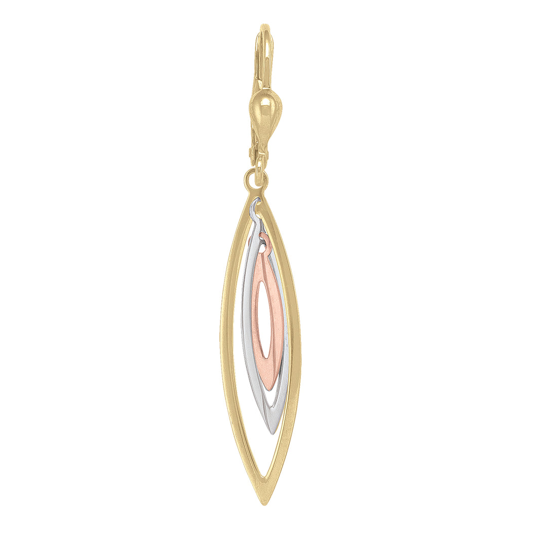 Chic 10k tri-colour gold fancy drop earrings with layered yellow, white, and rose gold leaf shapes, measuring 32mm in height.