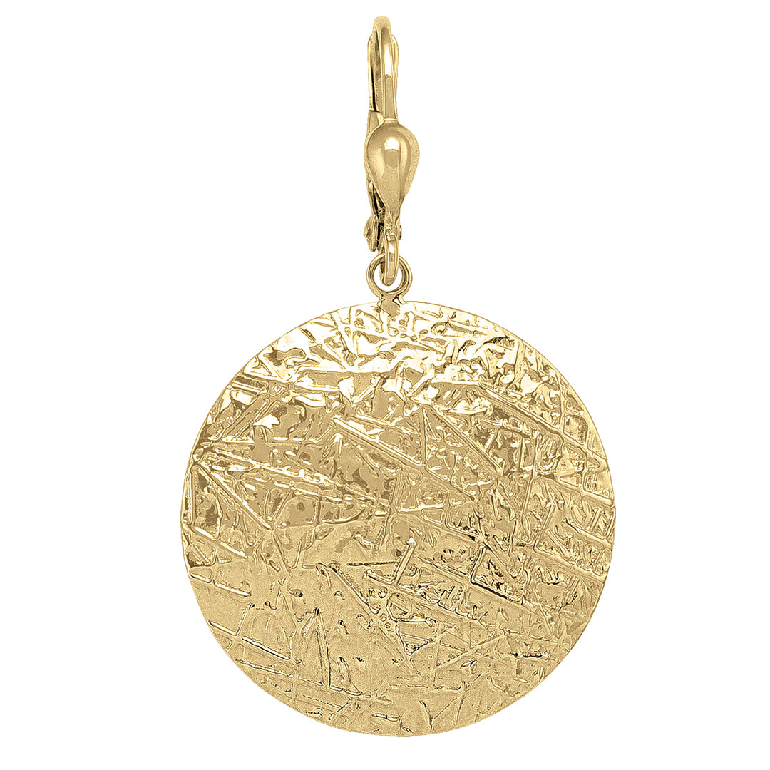 10k yellow gold textured disc earrings with a distinctive abstract pattern.