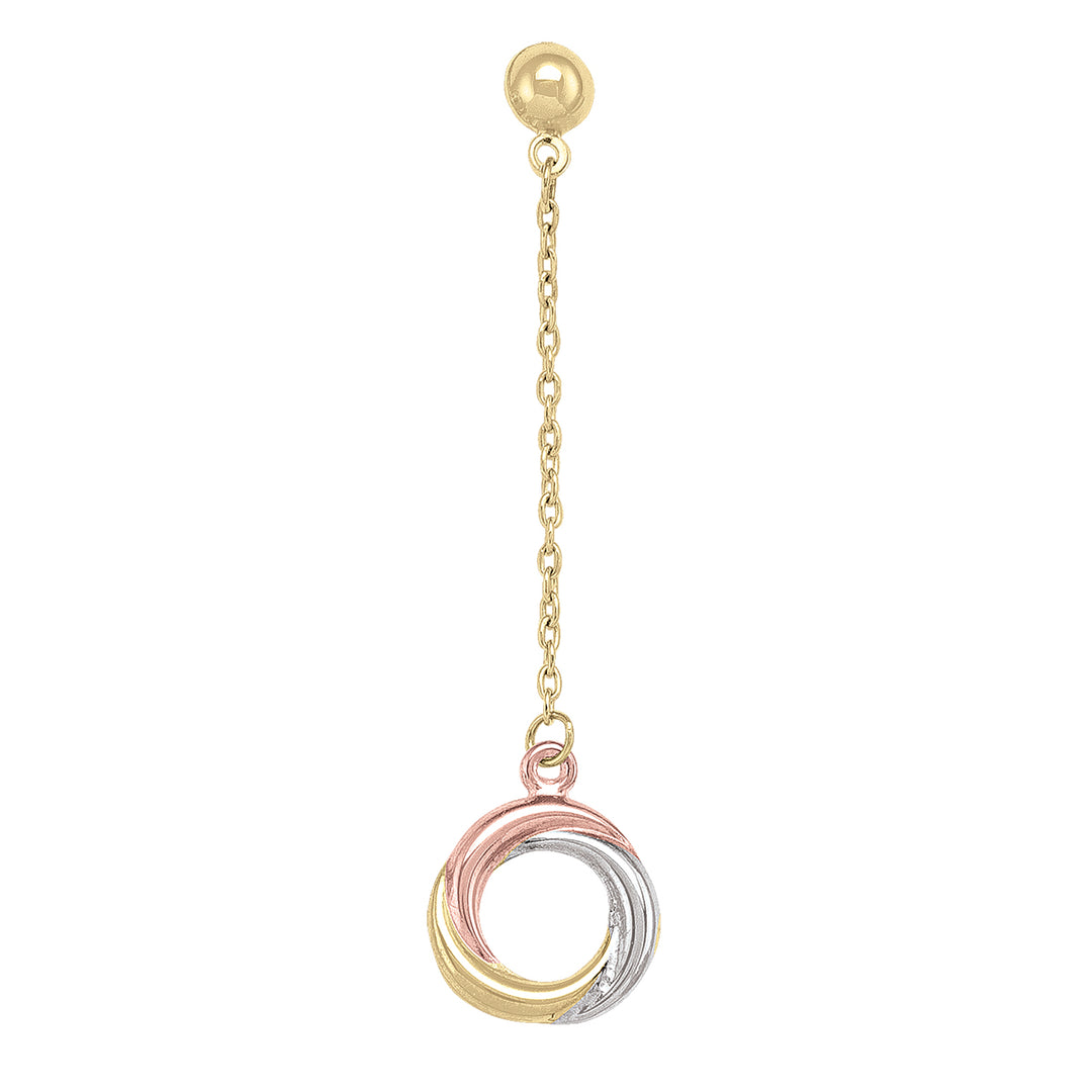 Elegant 10k tri-colour gold knot drop earrings, featuring intertwined circles of yellow, white, and rose gold, hanging 37.5mm long.