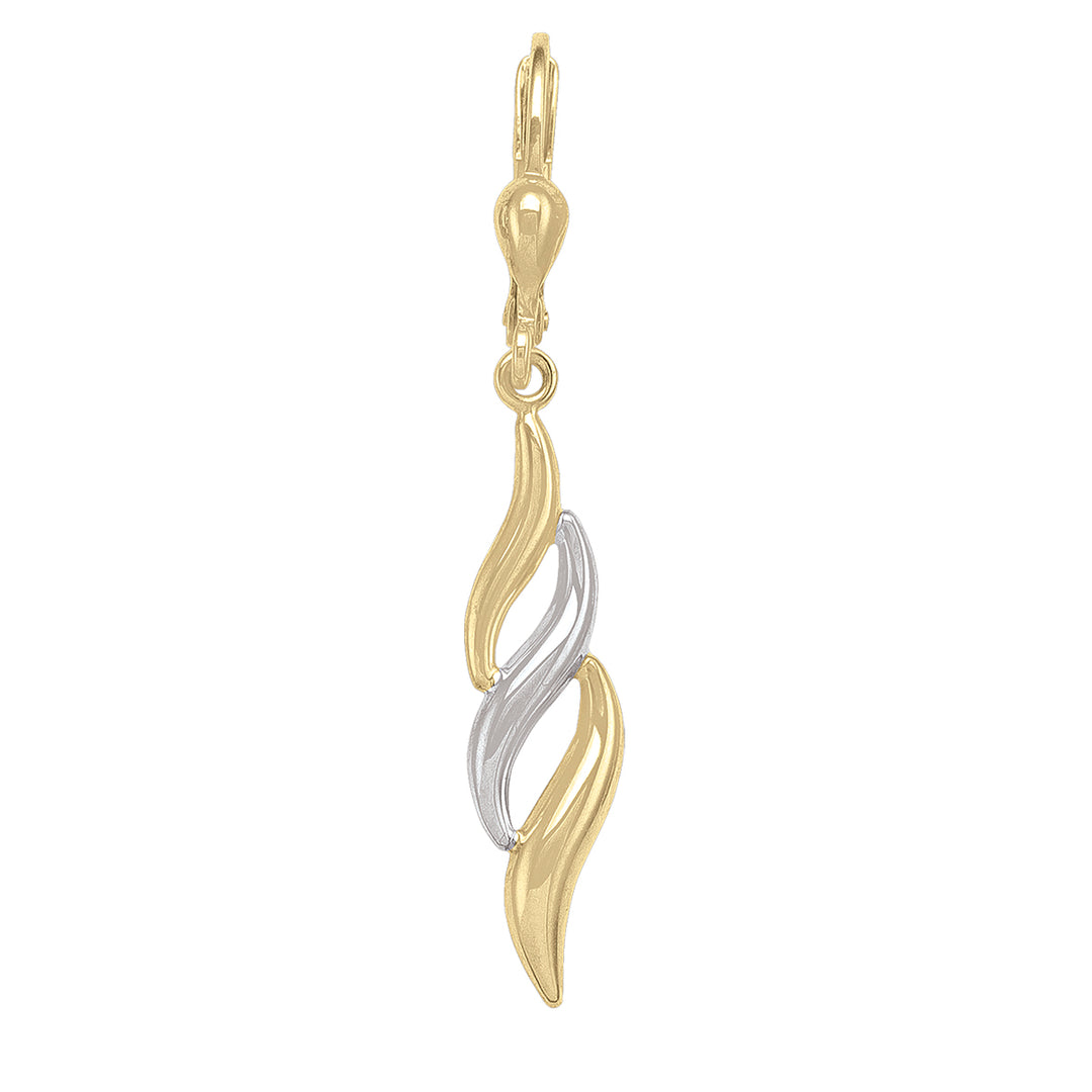 Elegant 10k two-tone gold drop earrings with a swirled design, combining yellow and white gold for a length of 27.9mm and a width of 6.8mm.