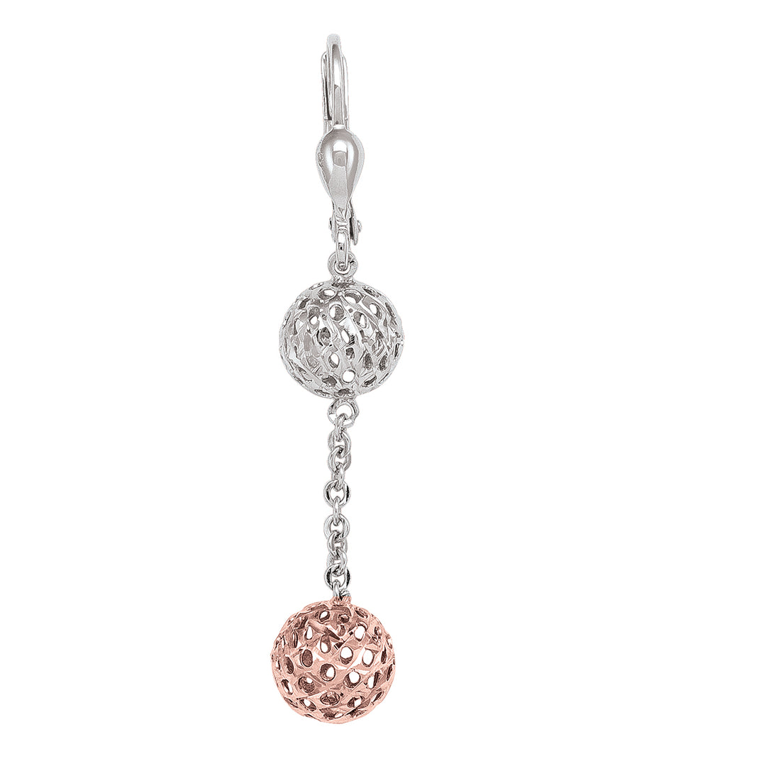 Chic 10k pink and white gold ball drop earrings with diamond cuts, offering a sparkling 30.2mm drop for a touch of elegance.