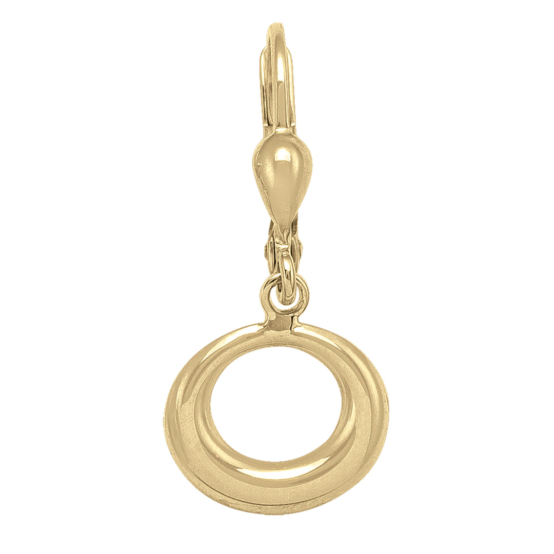 10k yellow gold fancy circle drop earrings with a smooth finish, featuring a height of 10.6mm and a width of 11.9mm.