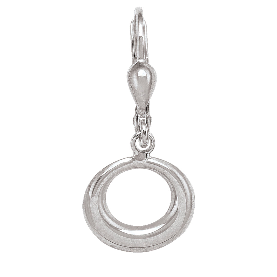 Sleek 10k white gold fancy circle drop earrings, with a minimalist design, 10.6mm in height and 11.9mm in width.