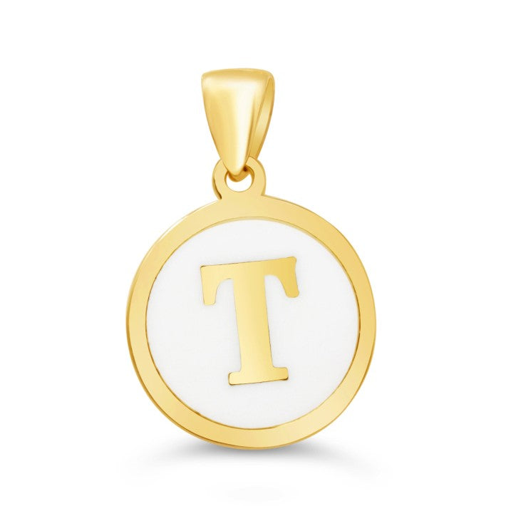 10K Gold Initial "T" Pendant with polished gold frame and white enamel background.