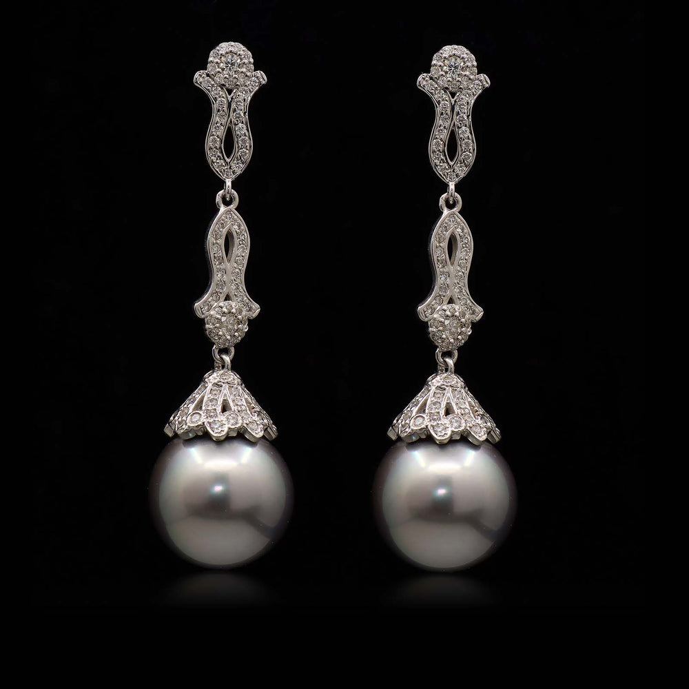 Tahitian pearl earrings with 15.5mm dark gray pearls, 18K white gold, and 1.26 ct natural diamonds.