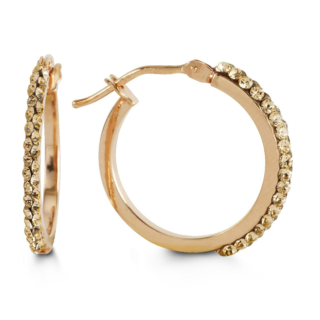 Elegant 10k rose gold hoop earrings with pave-set stones, offering a sophisticated and sparkling appearance.