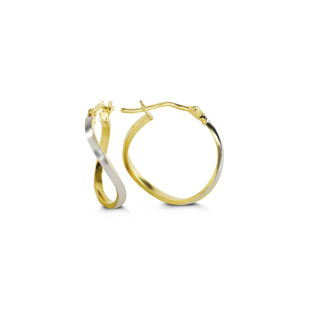 Elegant two-tone 10K gold double hoop earrings featuring intertwined yellow and white gold hoops, creating a stylish and sophisticated accessory.