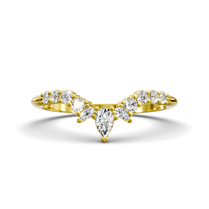 Curved V-shaped wedding band with pear center and side diamonds