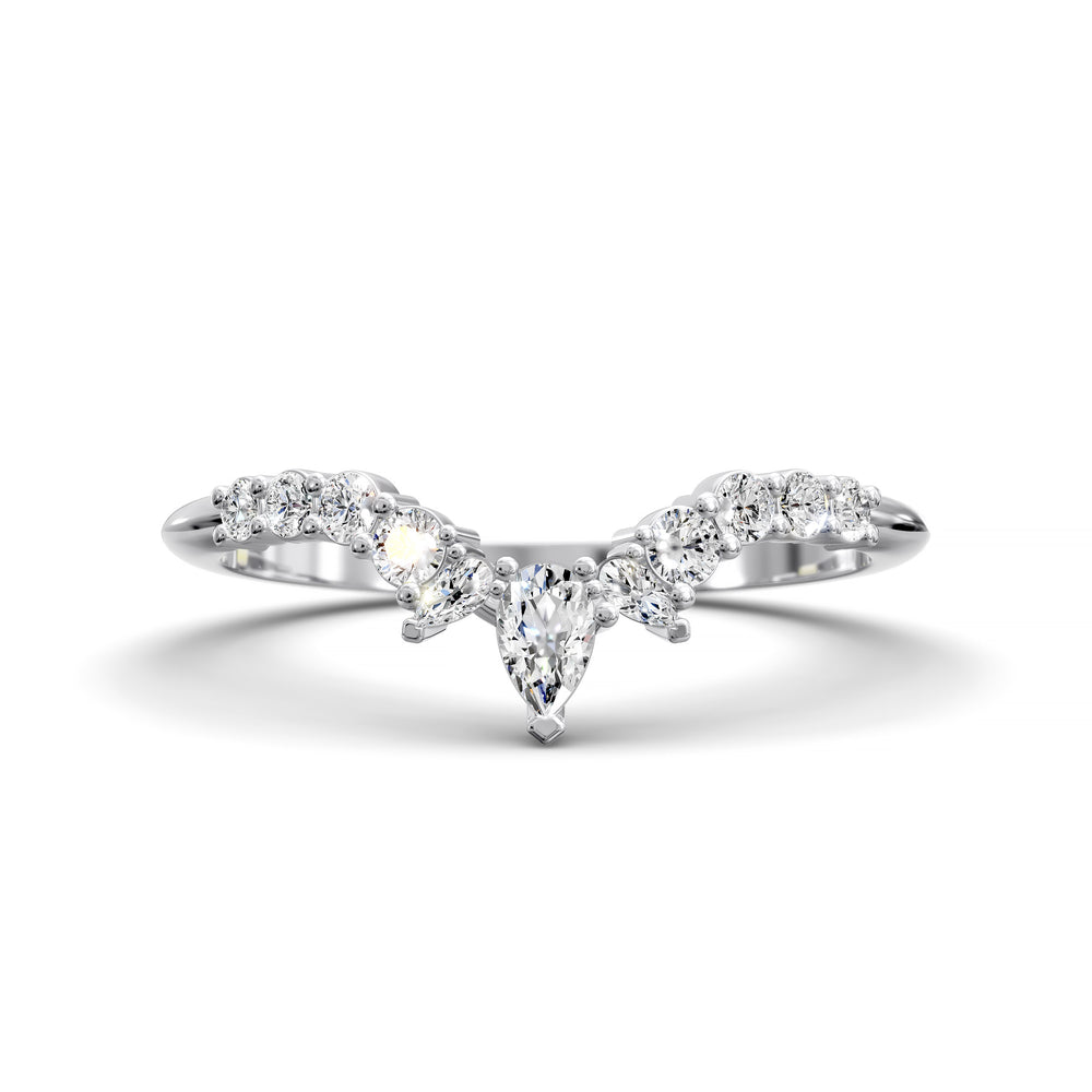 Curved V-shaped wedding band with pear center and side diamonds
