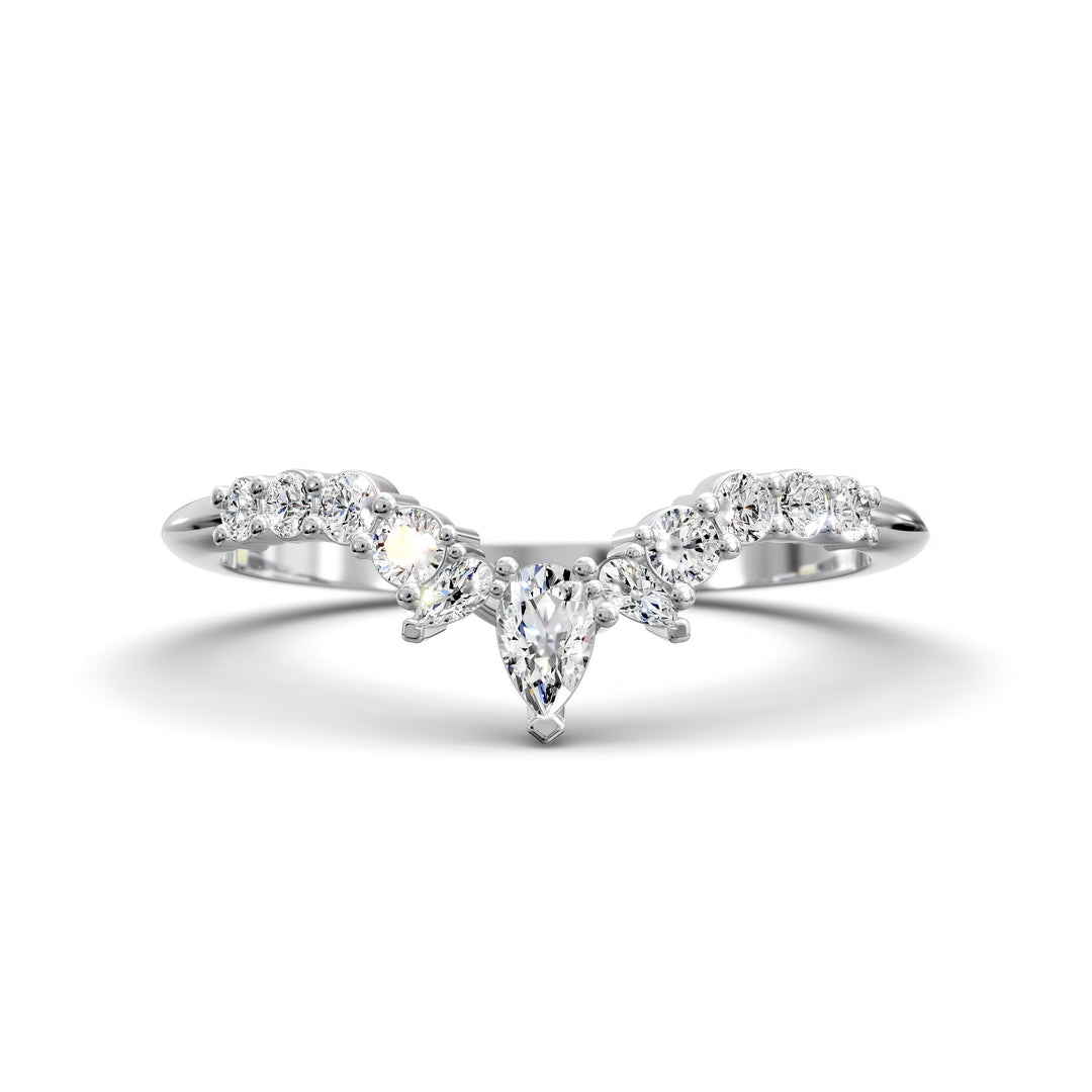 Curved V-shaped wedding band with pear center and side diamonds