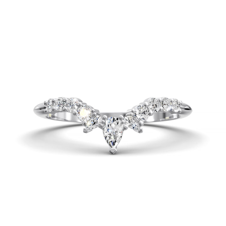 Curved V-shaped wedding band with pear center and side diamonds