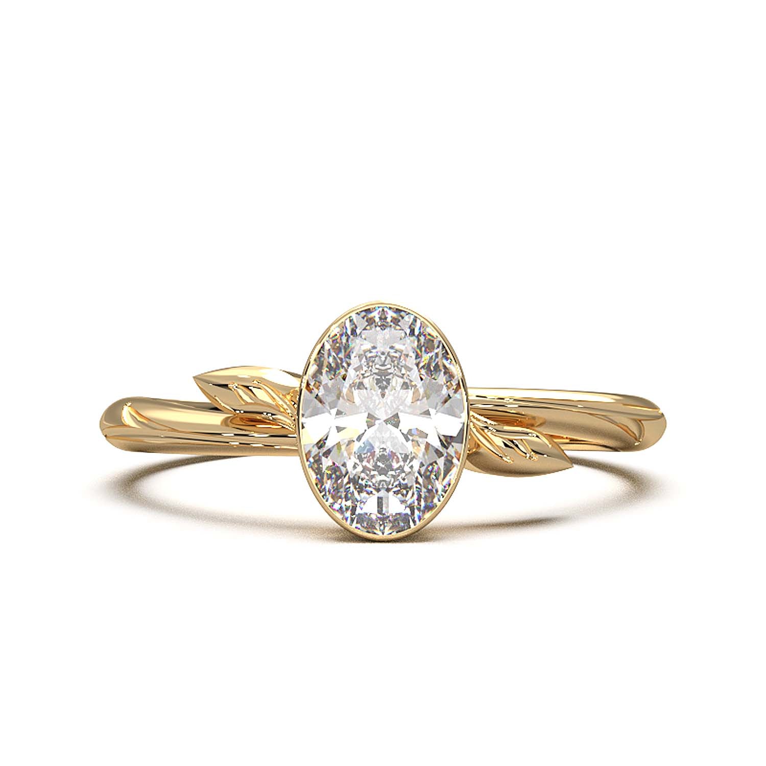 Exquisite Oval-Cut Lab Diamond Bezel Set Ring with Botanical-Inspired Gold Band - A Mesmerizing Marriage of Vintage Elegance and Modern Artistry Ideal for Timeless Romance