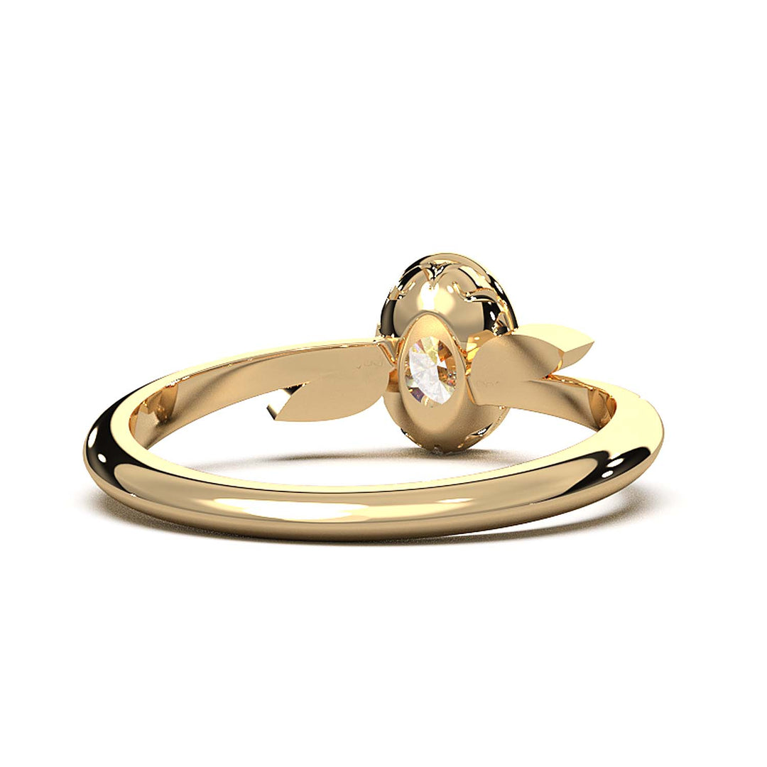 Exquisite Oval-Cut Lab Diamond Bezel Set Ring with Botanical-Inspired Gold Band - A Mesmerizing Marriage of Vintage Elegance and Modern Artistry Ideal for Timeless Romance