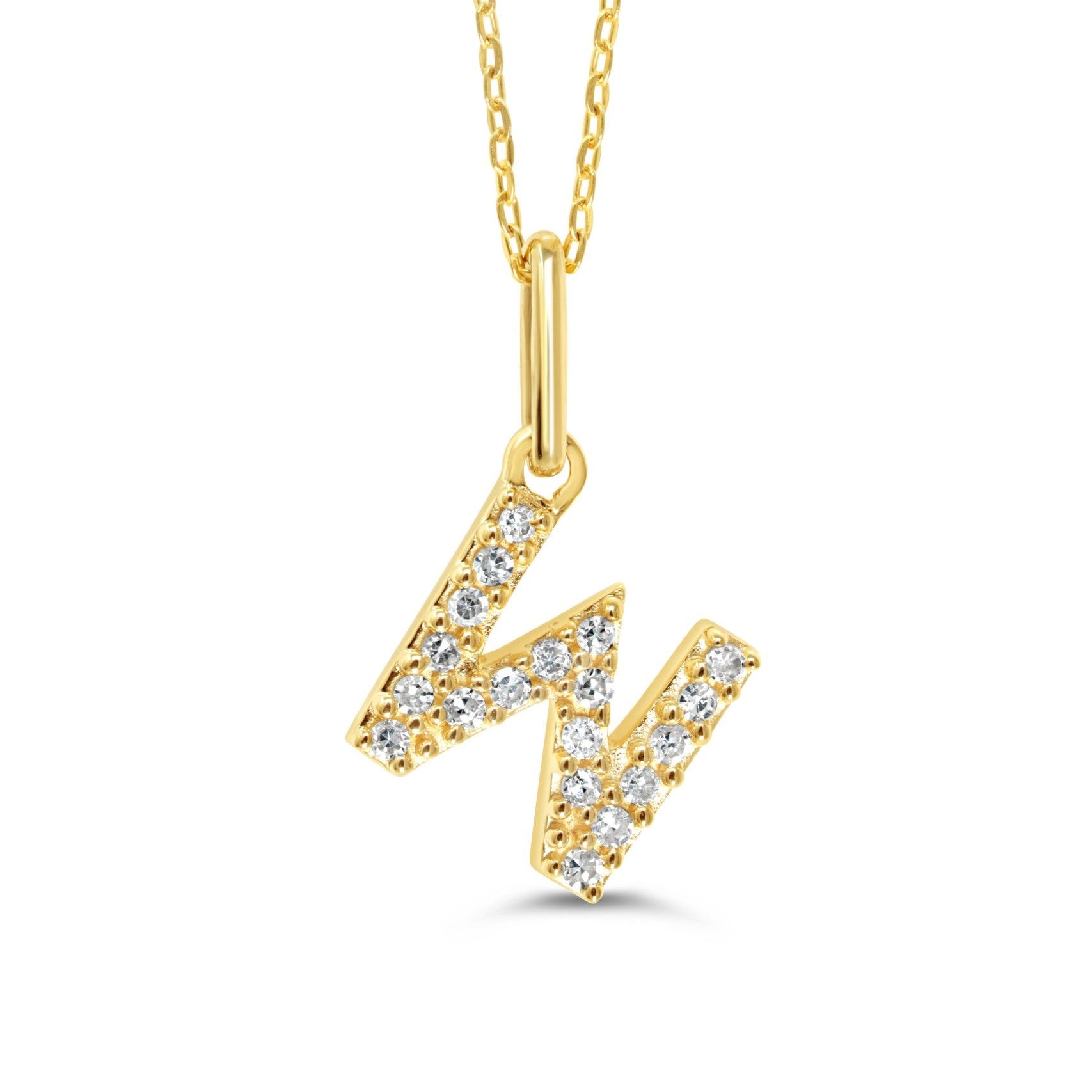 Yellow gold diamond "W" pendant necklace with 0.06CT diamonds and cable chain.