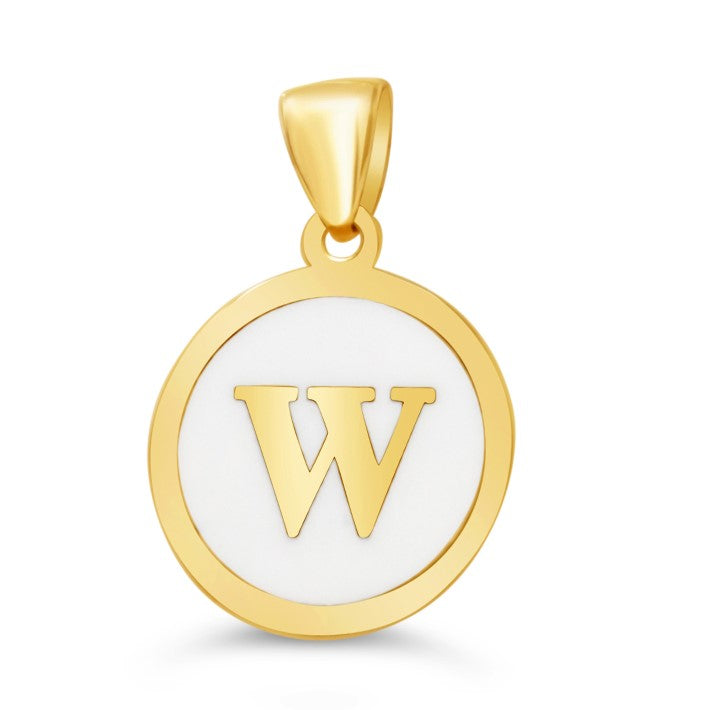 10K Gold Initial "W" Pendant with a polished gold frame and white enamel background.
