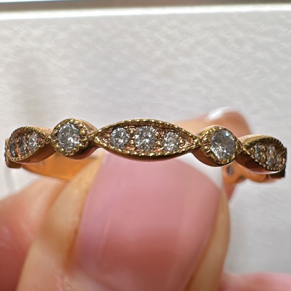 14K gold wedding band with lab-grown diamonds in a vintage-inspired design.