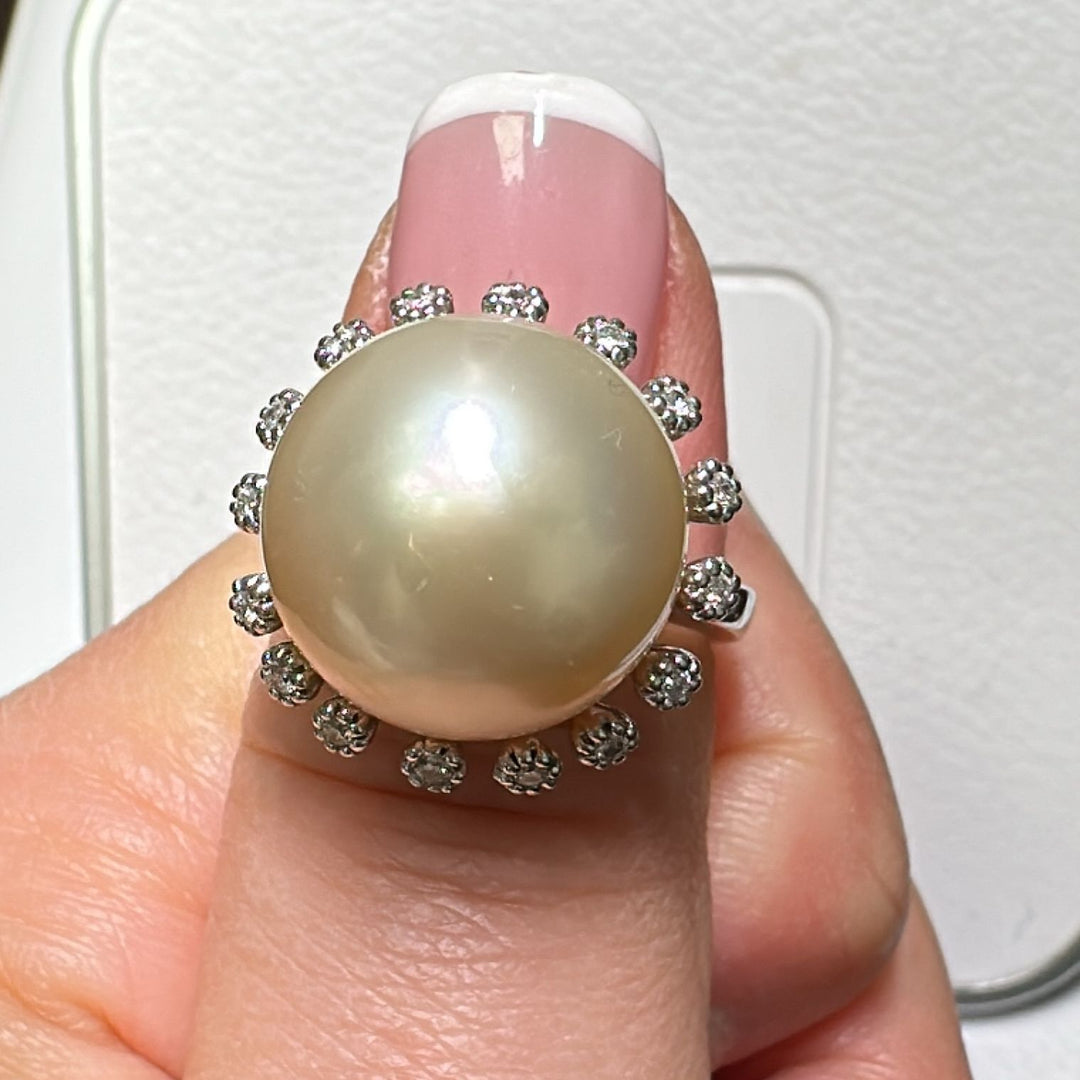 15.7mm Golden South Sea Pearl ring with diamond accents in 18K white gold.