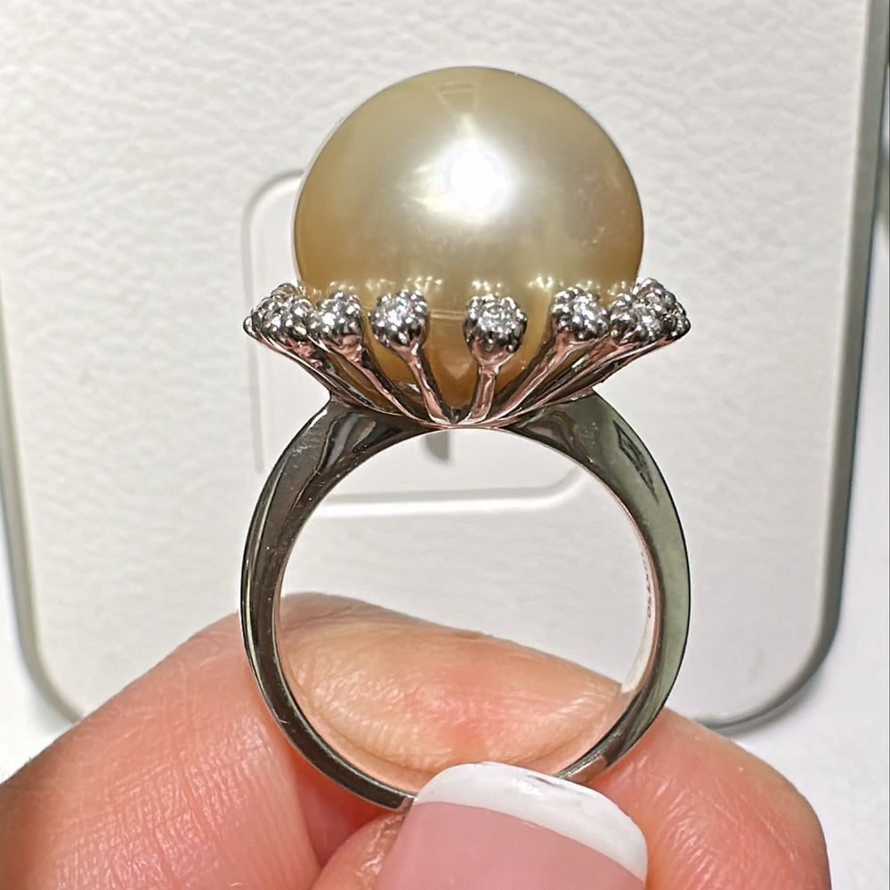 15.7mm Golden South Sea Pearl ring with diamond accents in 18K white gold.