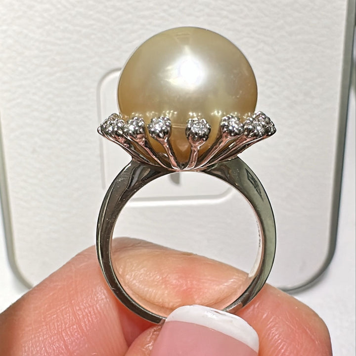 15.7mm Golden South Sea Pearl ring with diamond accents in 18K white gold.