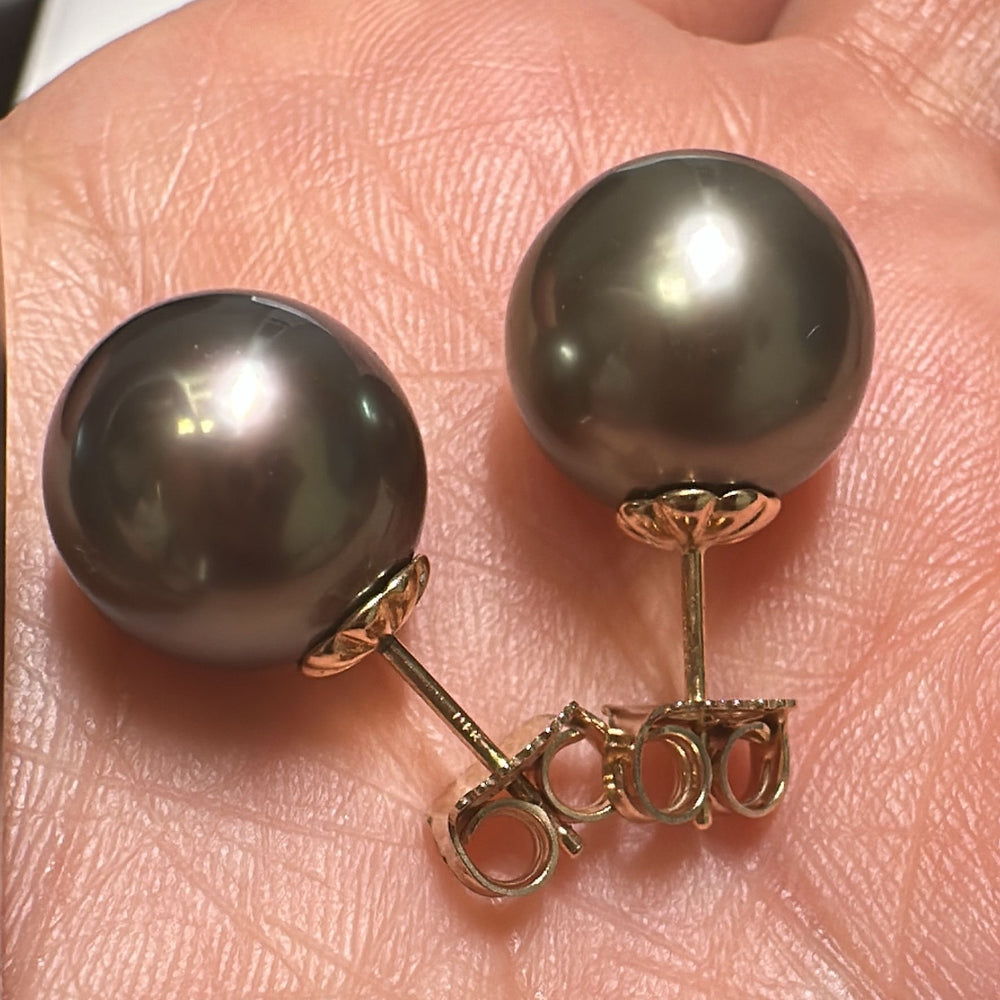 12.2mm round Tahitian pearl stud earrings in gray with a light greenish tone, set in 14K yellow gold.