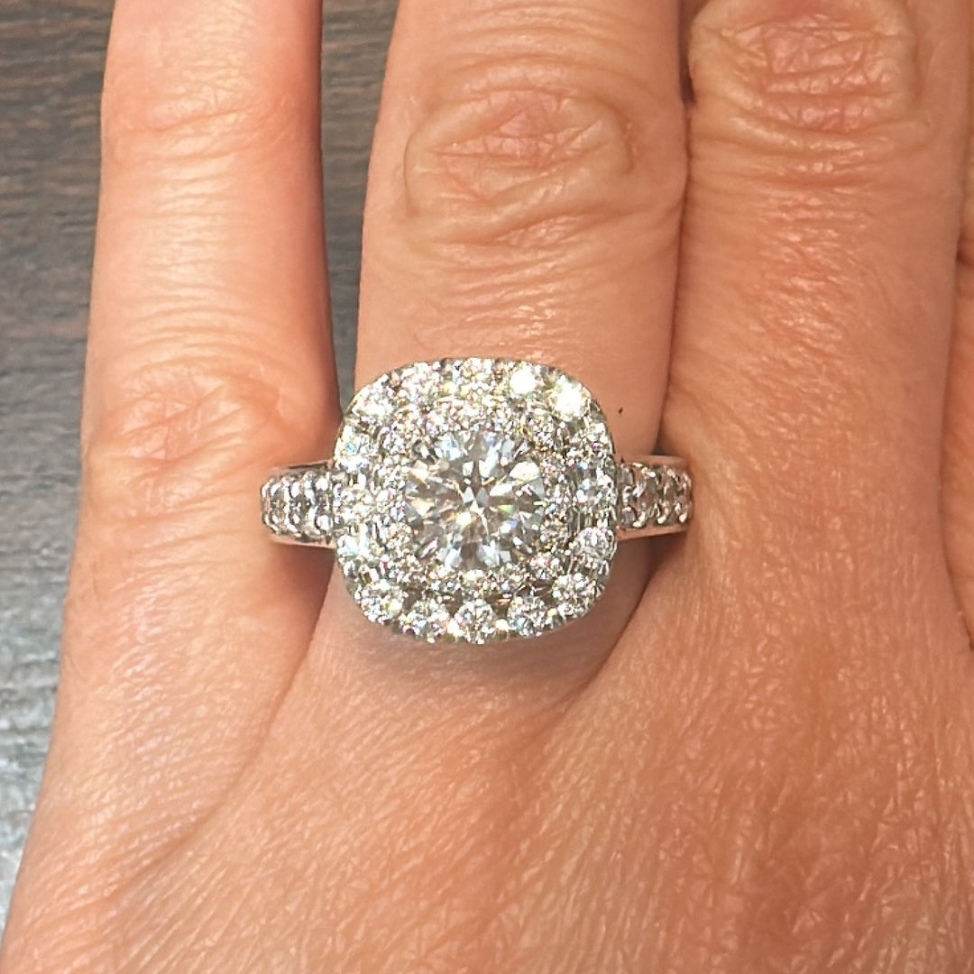 1.03 CT lab-grown diamond engagement ring with double halo and natural diamonds in 14K gold.