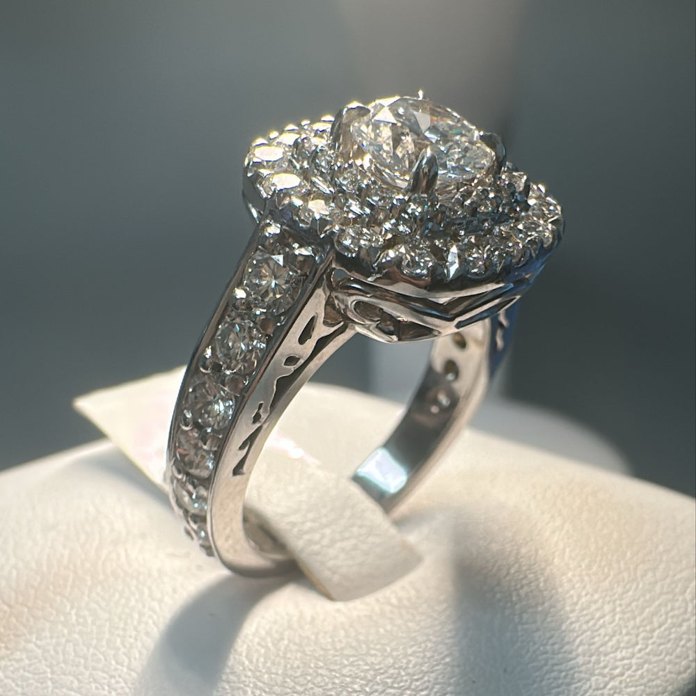 1.03 CT lab-grown diamond engagement ring with double halo and natural diamonds in 14K gold.