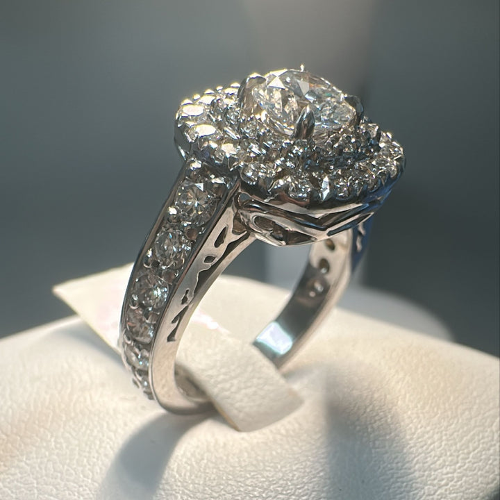 1.03 CT lab-grown diamond engagement ring with double halo and natural diamonds in 14K gold.
