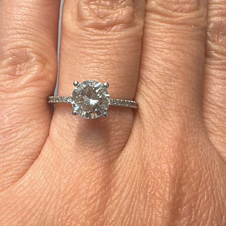 1 CT round lab-grown diamond engagement ring with lab diamond accents in 14K white gold.