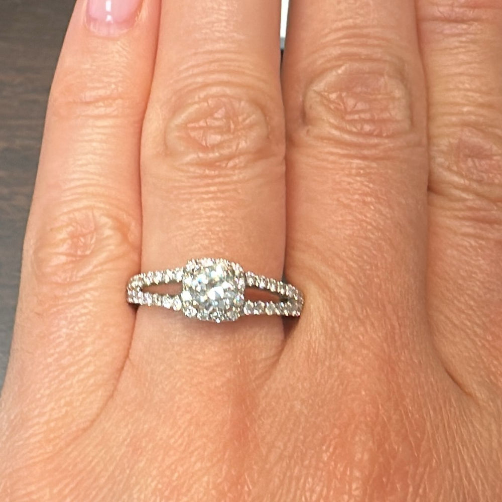 0.40 CT lab-grown diamond halo engagement ring with accent diamonds in 14K gold.