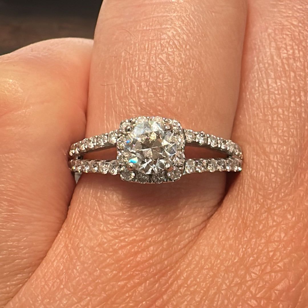 0.40 CT lab-grown diamond halo engagement ring with accent diamonds in 14K gold.