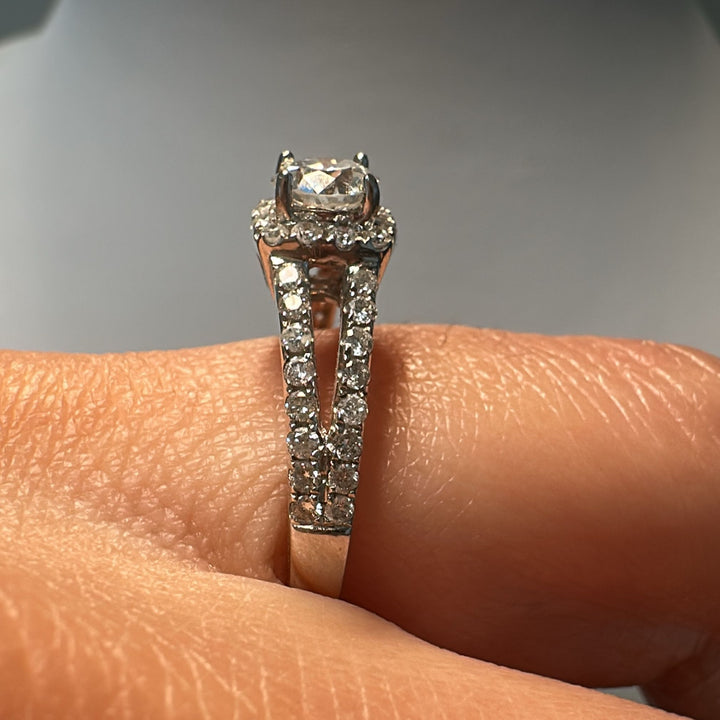 0.40 CT lab-grown diamond halo engagement ring with accent diamonds in 14K gold.